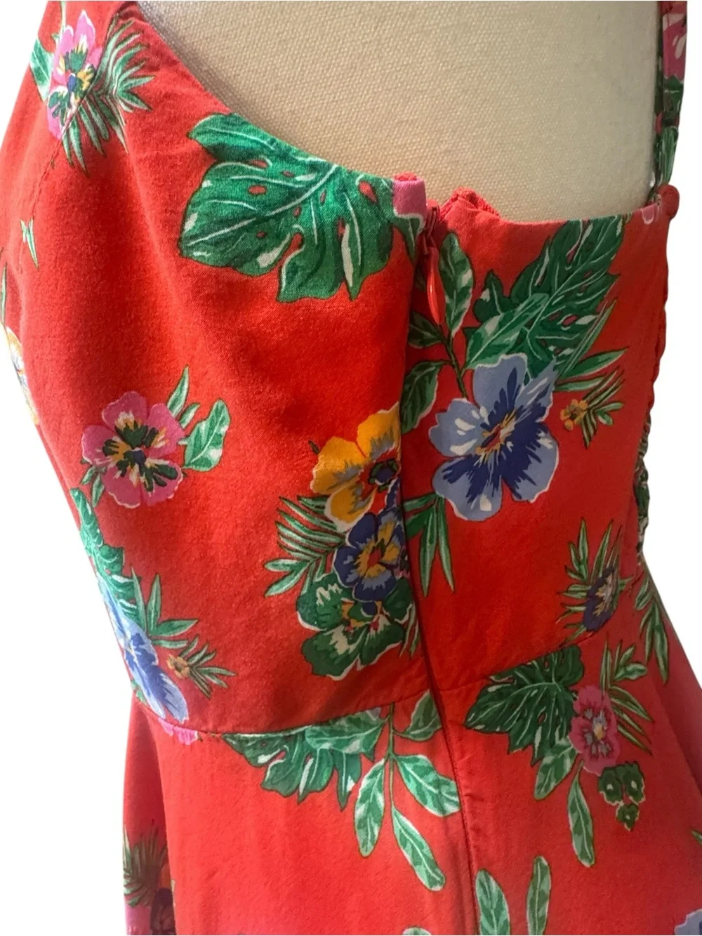 Old Navy Red Tropical Floral Fit & Flare Mini Dress Strappy Lined Size Large - Picture 6 of 9